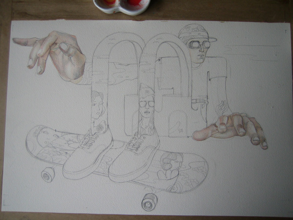 Painting in progress of a skateboarder for Ammo magazine
