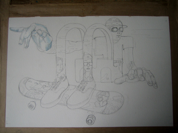 drawing in progress of a skateboarder for Ammo mag