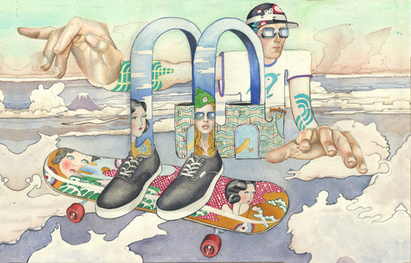 Illustration in watercolour for Ammo Magazine, Skateboarder in the clouds